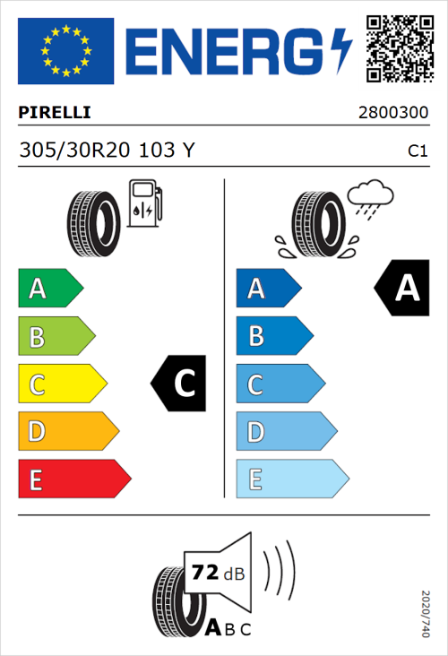 Tyre Label for Pirelli P Zero (PZ4) Sport Car 305/30R20 103Y