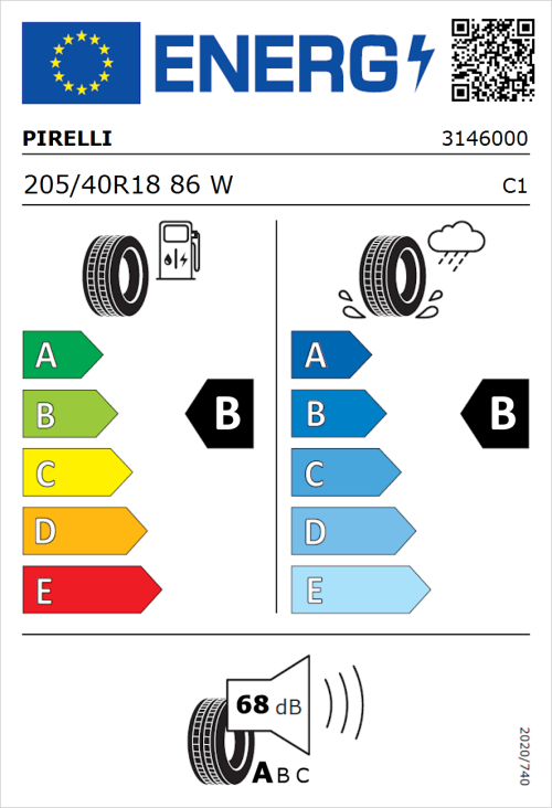 Tyre Label for Pirelli P Zero (PZ4) Sport Car 205/40R18 86W