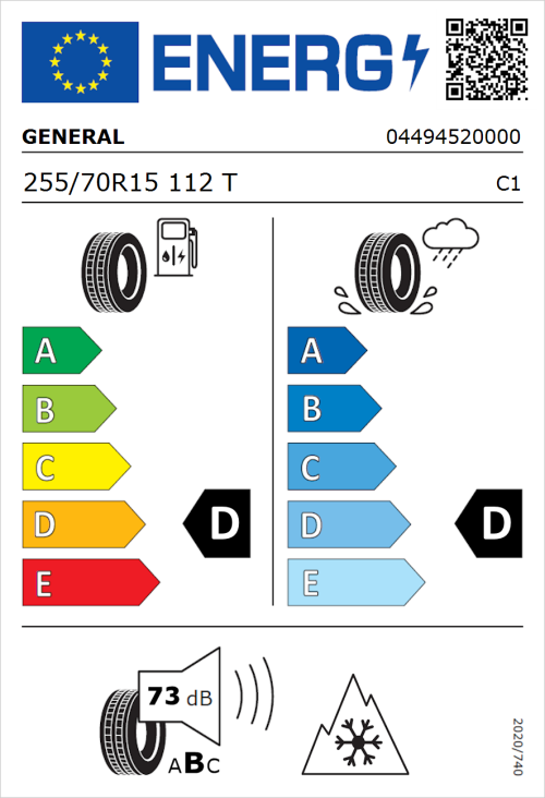 Tyre Label for General Grabber AT 3 255/70R15 112T